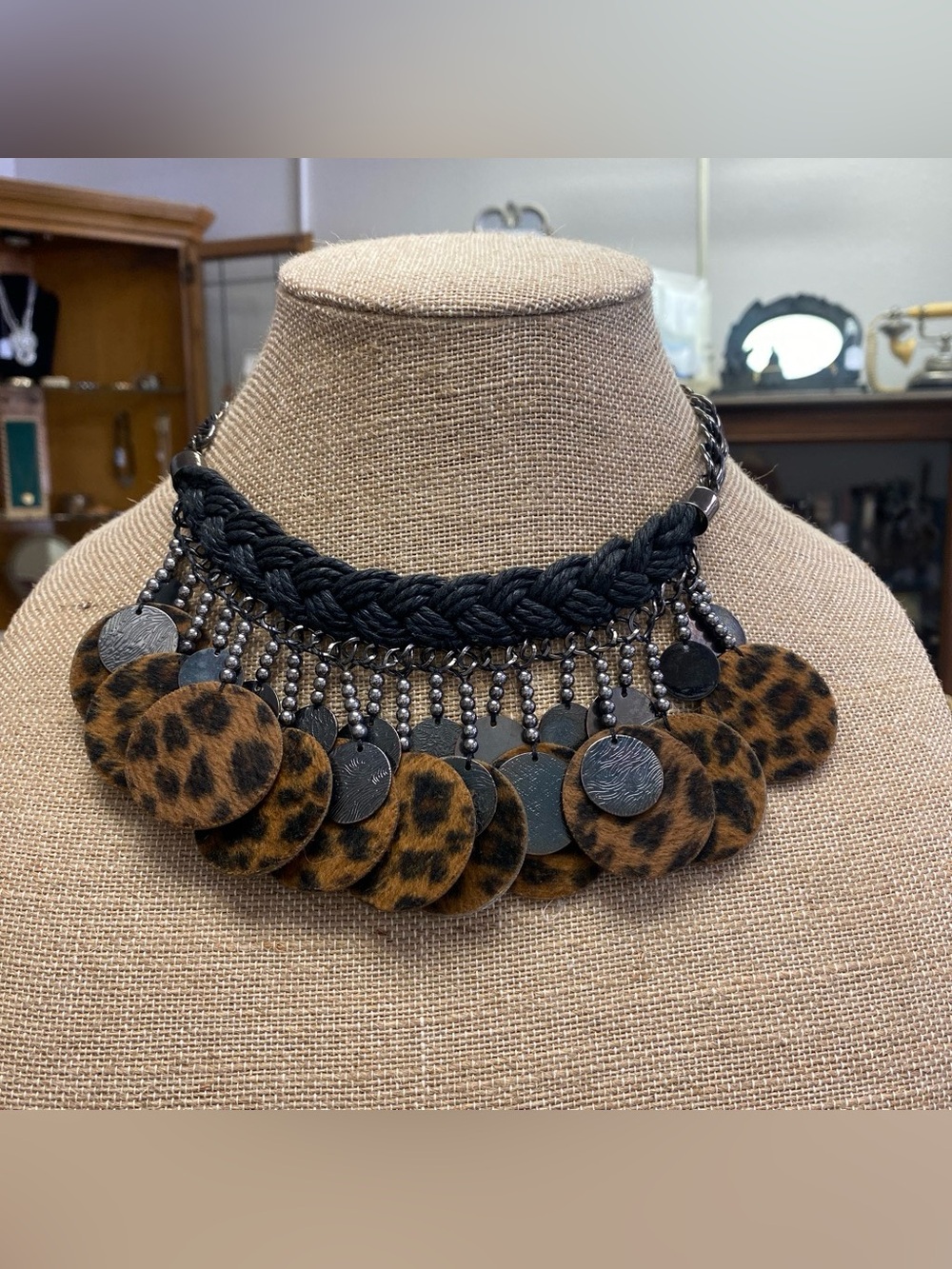 Statement Leopard Disc Necklace - Black and Brown